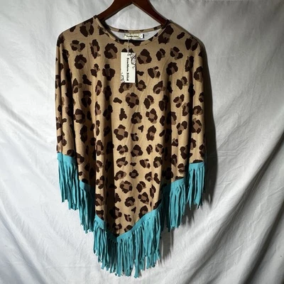 Poncho tejido con estampado de leopardo Southern Stitch para mujer capa O/S flecos turquesa Foto 1 de 4