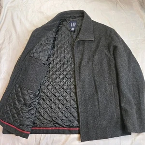 Men's 70's Vintage Gap Wool Coat Jacket Sz Large Charcoal Quilted Lined Pea Coat - Picture 1 of 14