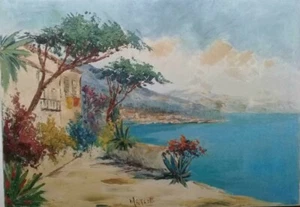 FINE European Antique Oil Canvas Painting / French Coast - Signed : Marcelli - Picture 1 of 7