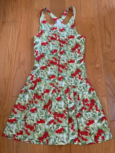 Vtg Y2k WET SEAL Red Cherries Cotton Rayon Drop Waist Sun  Dress Button Up  M - Picture 1 of 7