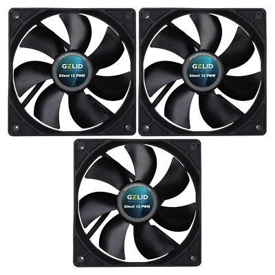3 X Gelid Solutions Silent 12 PWM Black 120mm Case Fans 1600 RPM 64.5 CFM 4-Pin - Image 1 of 4