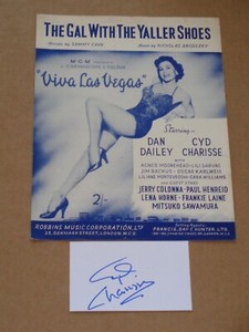 Cyd Charisse - Viva Las Vegas 1955 film sheet music + Hand Signed Index Card
