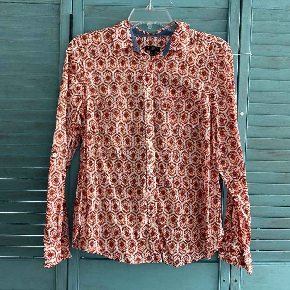Talbots Button Up Collared Shirt ~ Sz 10P ~ White & Orange ~ Long Sleeve - Image 1 of 3