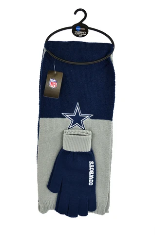 New 3PC NFL Dallas Cowboys Colorblock Scarf & Glove Gift Set Cover