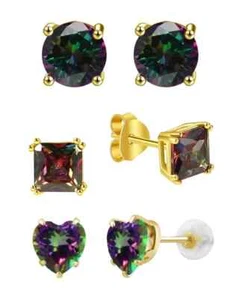 18k Yellow Gold Plated 6mm Created Mystic 3 Pair Round, Square And Heart Earring - Picture 1 of 1