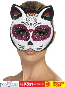 Sugar Skull Cat Glitter Mexican Day Of The Dead Eye Mask Costume Accessory - Picture 1 of 1