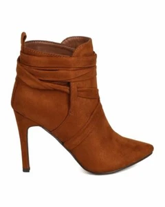 Breckelles Women Beverly-54 Faux Suede Pointy Toe Wraparound Stiletto Tan Bootie - Picture 1 of 13