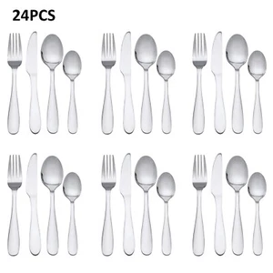 24-Piece Stainless Steel Flatware Set Service for 6 Silverware Set 24 Pc Kitchen - Picture 1 of 9