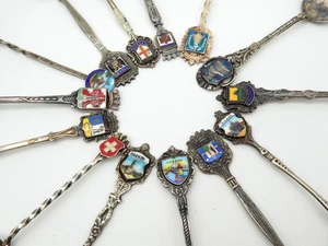 Lot of 14 153gr Sterling and 800 Silver Enamel Spoon Lot Souvenir Travel - Picture 1 of 12
