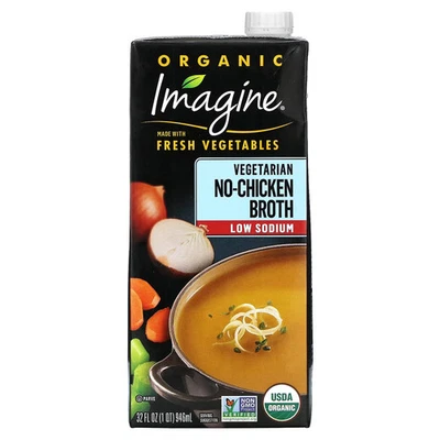 Caldo vegetariano orgánico sin pollo, bajo en sodio, 32 fl oz (946 ml) Foto 1 de 2