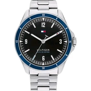 Tommy Hilfiger Men's Silver Watch Maverick Blue Bezel Black Dial SS Band 1791901 - Picture 1 of 6