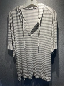 Jane & Delaney 3X Gray Striped Hoodie Short Sleeves Top - Picture 1 of 8