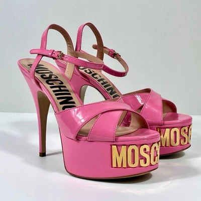 Sandalias de tacón de aguja con plataforma de cuero con logotipo Moschino oro rosa NUEVO 37 Foto 1 de 4