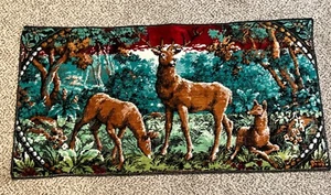 Vintage Tapestry Rug Deer Family Buck Doe Fawn Made in France 37" x 19" Vibrant - Picture 1 of 7