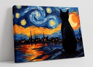 VAN GOGH STARRY NIGHT WITH BLACK CAT -DEEP FRAMED CANVAS WALL ART PRINT - Picture 1 of 2