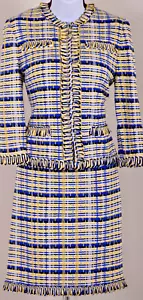 ST.JOHN Women's Tweed Blue Yellow White Black Fringed Trim Jacket Skirt Sz 6-8 - Picture 1 of 9