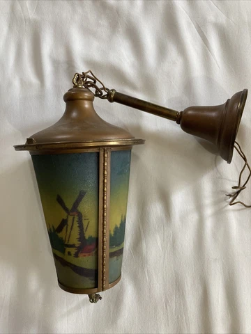 Antique Reverse Painted Pendant Hanging Hall Light Fixture Art Nouveau WINDMILLS Cover