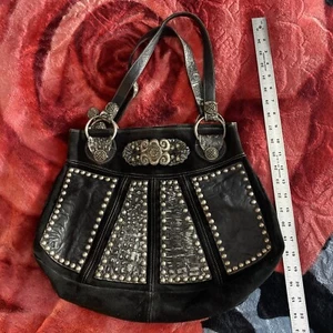 LEATHEROCK black real leather bag jeweled suede and smooth preowned Vintage - Picture 1 of 11