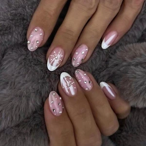 24 Stück French Press On Nails Mit Strasssteinen - Mandel French Künstliche N... - Bild 1 von 9