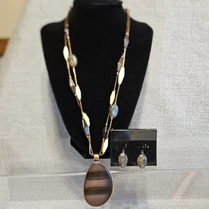  Beaded Necklace & Pierced Earrings Set Earthtones Signed H Bronz Tone - Picture 1 of 10