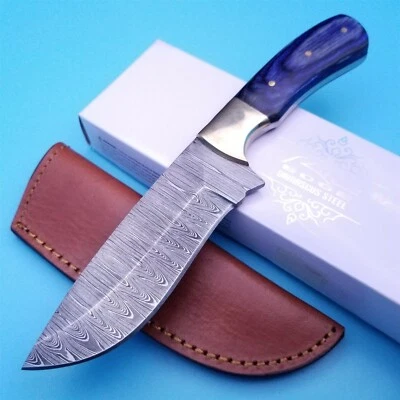 Damascus Steel Fixed Blade Knife Full tang Blue Wood Handle w/ Leather Sheath - Image 1 of 4