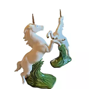 Statue Unicorno Vintage Duncan Enterprises 2x Ceramica Elegante Coppia Anni '70 California - Foto 1 di 14