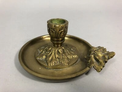 Ancien BOUGEOIR À MAIN fin 19e début 20e Bronze doré Motif feuilles de chêne JCM - Photo 1/4