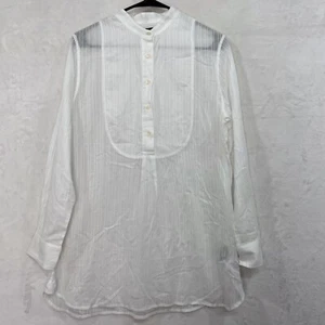 Lauren Ralph Women M Bib Shirt Tunic White Cotton Tonal Stripe Long Sleeve NEW - Picture 1 of 11
