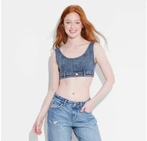 Wild Fable Women's S Small Tiny Vest Top Medium Wash Reworked Denim Scoop Neck - Picture 1 of 3