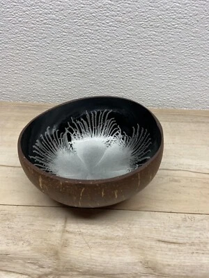 Coconut Shell Round Trinket Bowl Silver Splash Handmade And Painted - Image 1 of 4