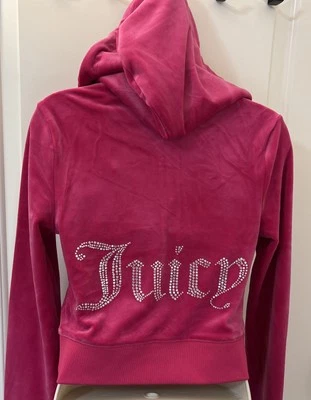 NWT $118 Juicy Couture Hot Pink Velour Cropped Hoodie Rhinestone Logo Size S - Image 1 of 4
