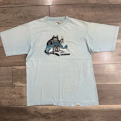 Vintage 1980 B Kliban Sashimi Cat Crazy Shirts Hawaii Tee Blue RARE PRINT Mens L - Image 1 of 4