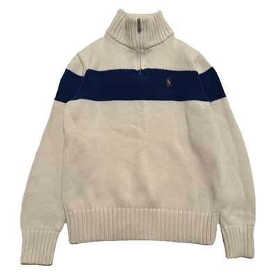 Polo Ralph Lauren 1/4 Zip Pullover Knit Sweater Off White/Blue Boys Medium 10/12 - Image 1 of 4