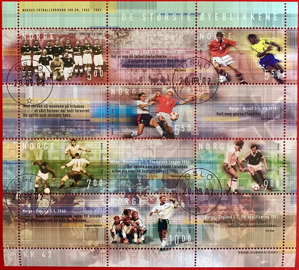 Estampillas Noruega MNH Hoja Miniatura Año 2002 Fútbol Grandes Momentos Fútbol Foto 1 de 1