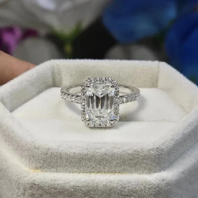 5.30 Ct Emerald-Cut G/VS1 Lab Grown Diamond Halo Engagement Ring 14k White Gold - Image 1 of 4