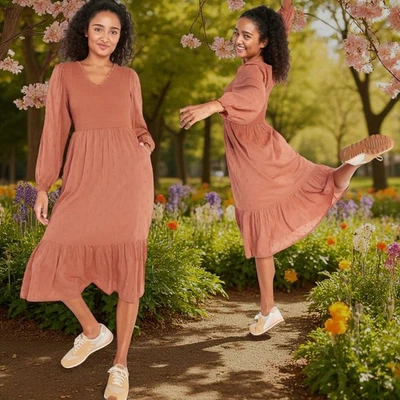 Old Navy Womens Long-Sleeve Fit & Flare Smocked Clip-Dot Midi Dress Warm Hickory - Image 1 of 4