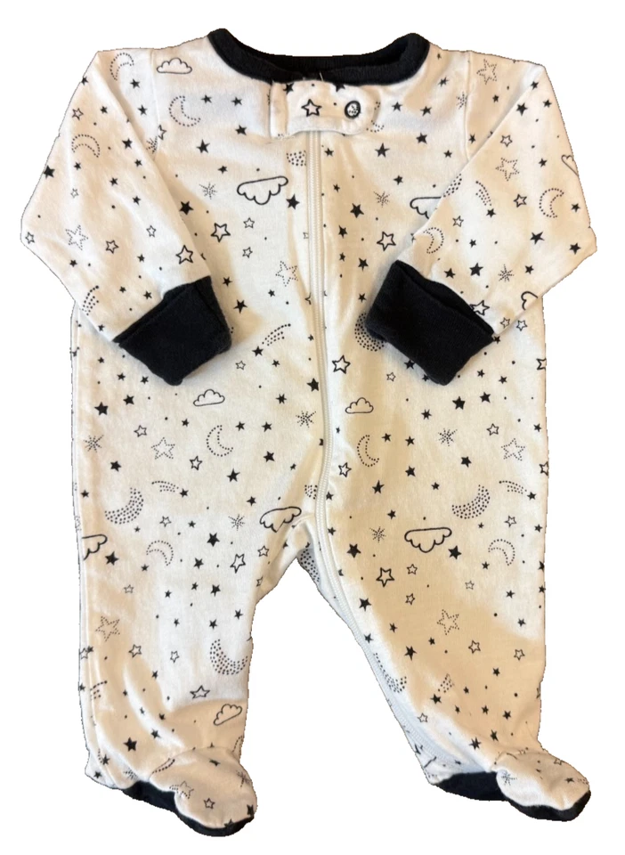 Preemie Baby Boy Girl Unisex Sleeper Moon Stars Black White Zipper Outfit Romper - Image 1 of 4