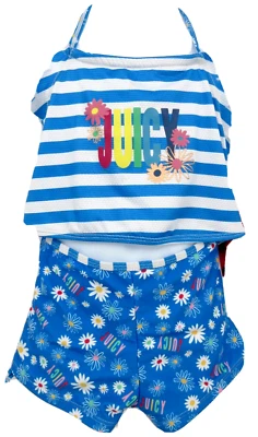 JUICY BY JUICY COUTURE HALTER BIKINI SWIMSUIT Girls XLarge 16 Blue Stripe Floral - Image 1 of 4