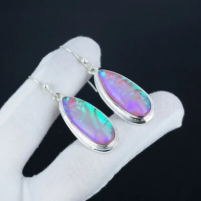 Unico Opale Australiano Gemma a Mano 925 Sterling Orecchini Argento Per Donna - Immagine 1 di 4