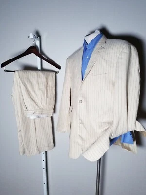 Paul Fredrick Tan Blue Pinstripe 2pc SUIT Wool Linen 46R Jacket Blazer Pants W40 - Image 1 of 4