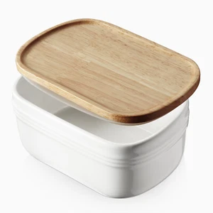 DOWAN Keramik Butterdose Große Butteraufbewahrung mit Holzdeckel, Weiß - Bild 1 von 7