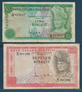 Malaysia 5 10 Ringgit Lot, 1976, P 14a 15, VF- see description - Picture 1 of 2