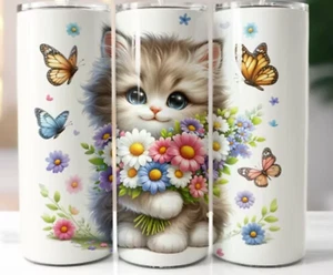 Kitten with Flowers & Butterflies 20 oz Stainless Steel Tumbler Handmade - Picture 1 of 1