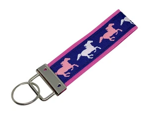 Horse Key Chain, Horses Key Fob, Fabric Keychain, Rider Keychain Pink Background - Picture 1 of 1