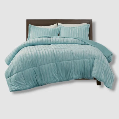 Madison Park Blue Full/Queen York Brushed Faux Fur Comforter 3pc Set - Image 1 of 4