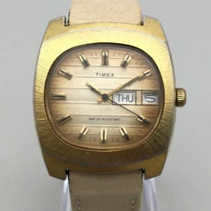 Vtg Timex Marlin Watch Men 35mm Gold Tone Day Date Leather Manual Wind - Picture 1 of 16