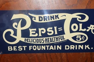 Pepsi Cola Fountain Drink Sign Embossed Blue Metal Vintage Replica 14x6 - Picture 1 of 4