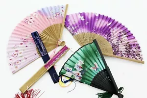 Women Hand Held Silky Nylon Folding Fans, Chinese/Japanese Vintage Style Fan - Picture 1 of 24