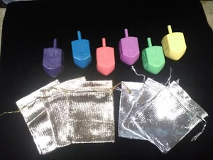 6 LOT Large 2 1/2" Tall Plastic Dreidel Hanukkah Chanukah Spinning Top w/Pouches - Picture 1 of 4