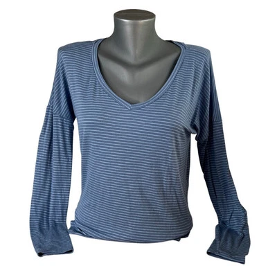 Mudd Women's Y2K Gray Blue Striped Long Sleeve Shirt Side Slit Size Small - Image 1 of 4